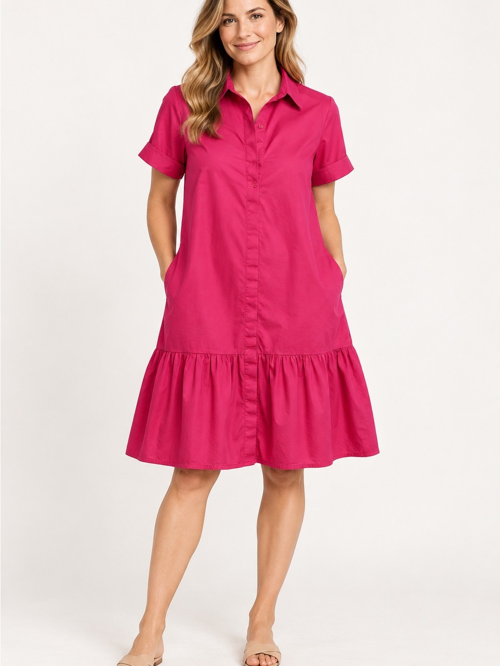 Donna Morgan Hot Pink Drop Waist Ruffle Hem Shirt Dress Size 8